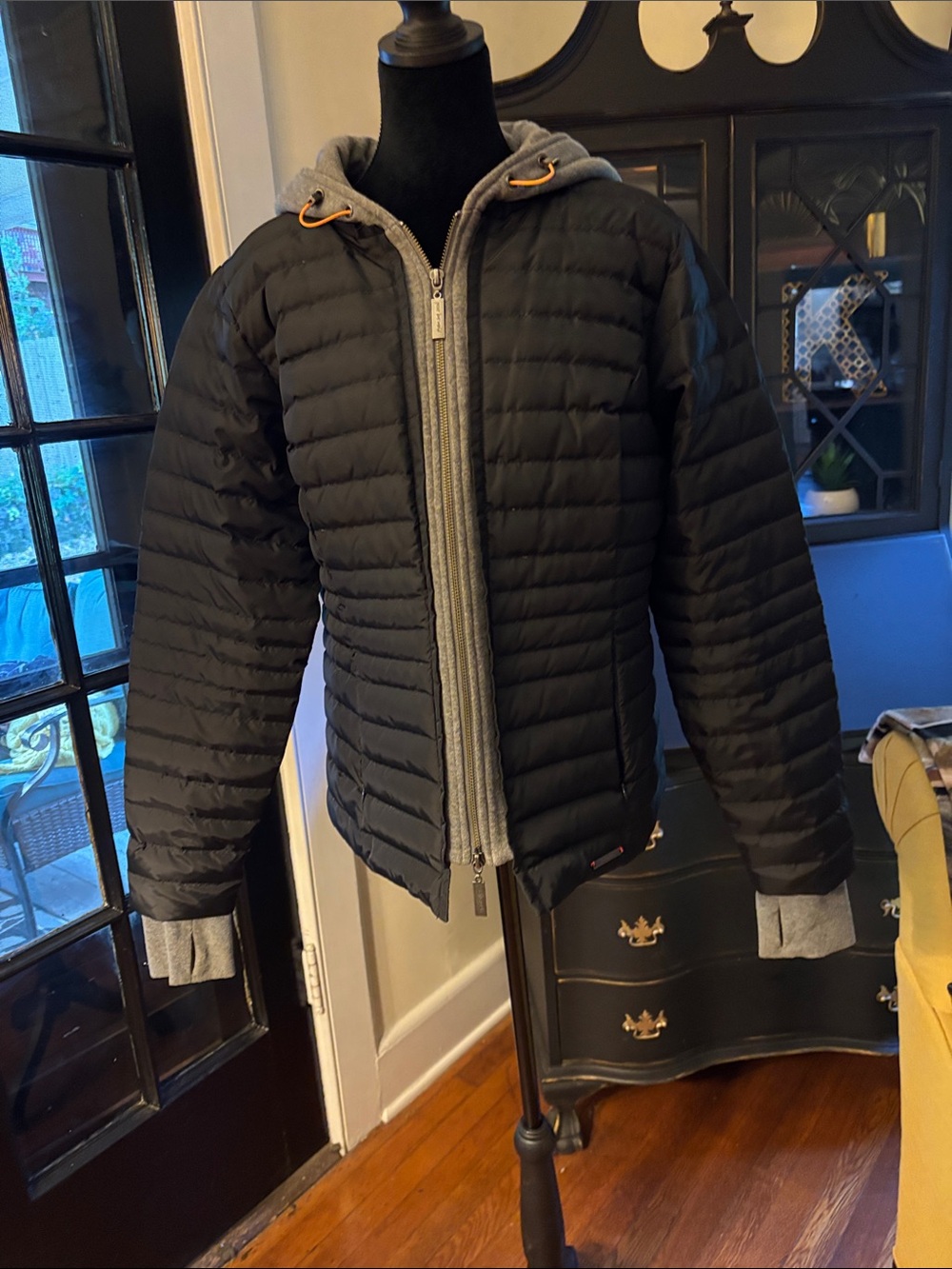 Peace Love World Black Puffer Jacket with Gray Hooded Inner Layer